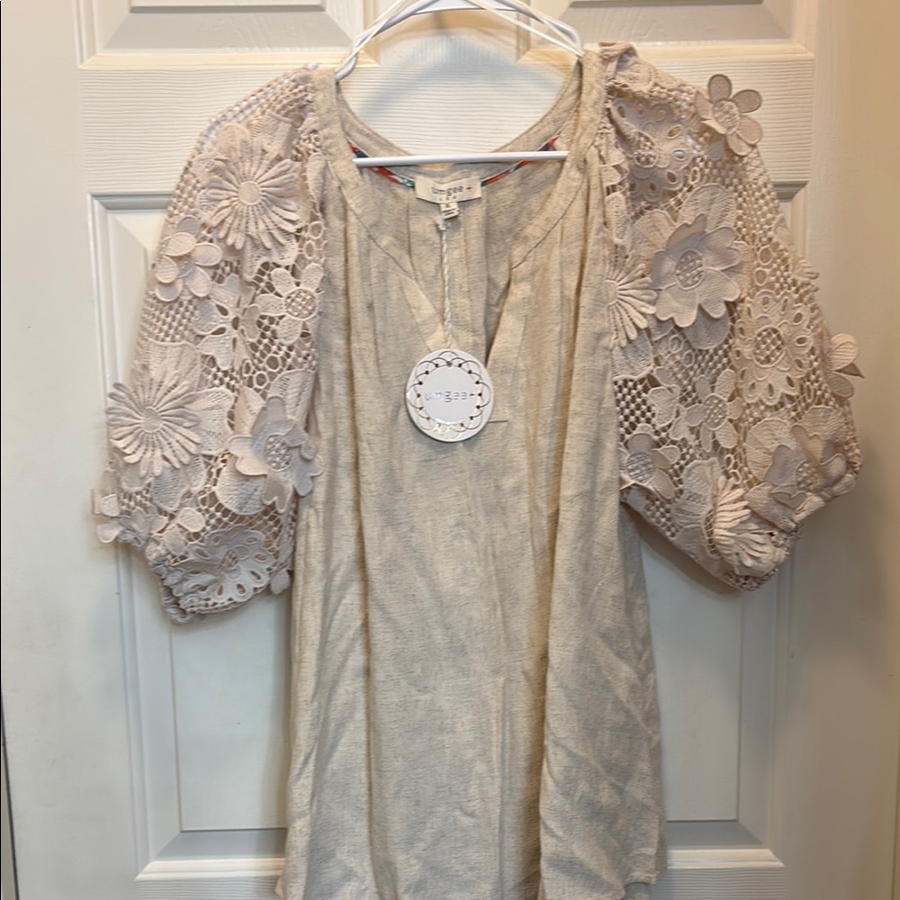 Umgee Cream Embellished Puff Sleeve Blouse